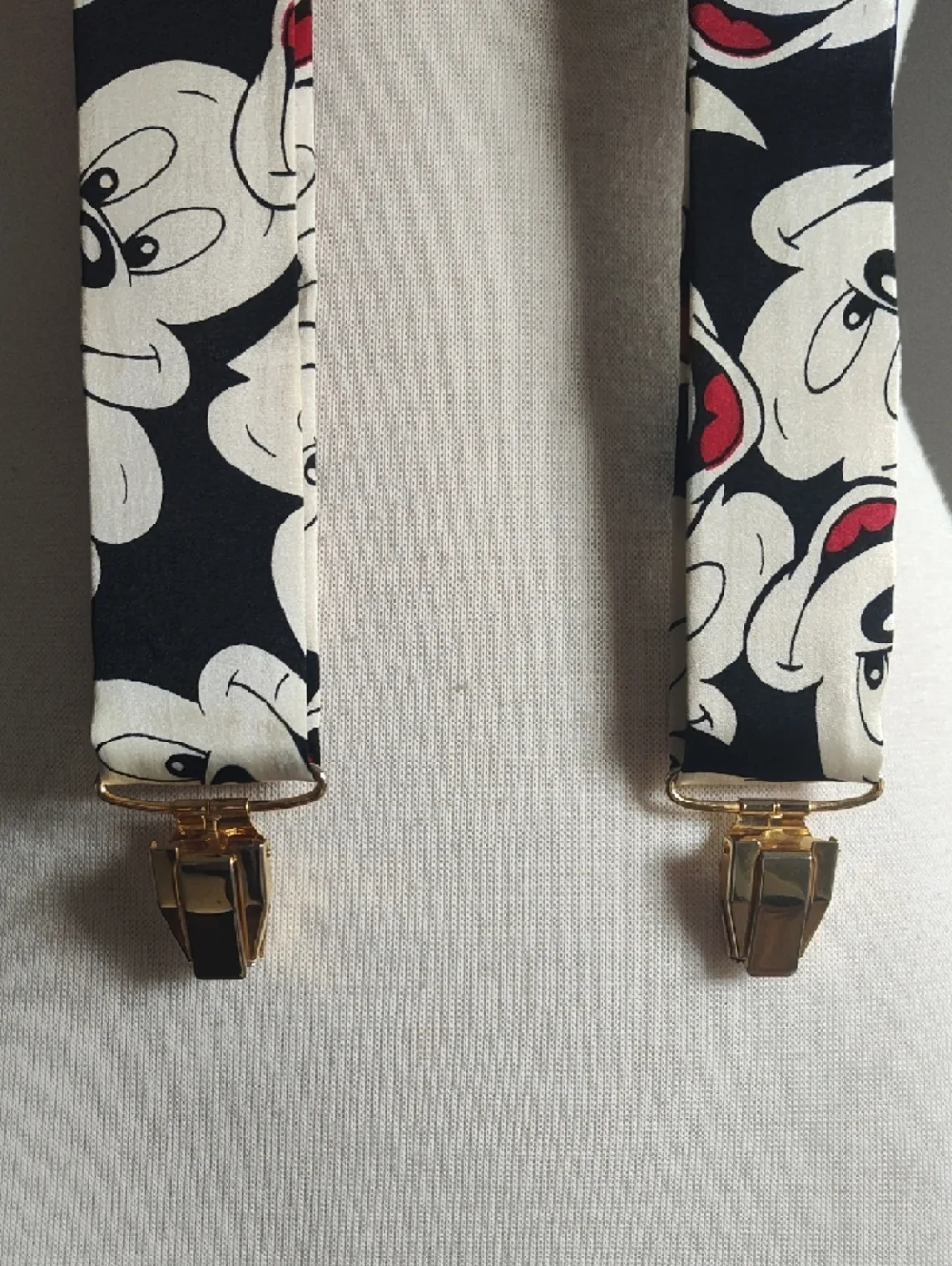 Disney Vintage Black Red and Cream Silk Mickey Print Suspenders with Gold Accent - Picture 2 of 10